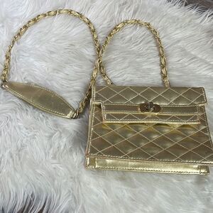 Gold Metallic Quilted Evening Bag with Goldtone Chain